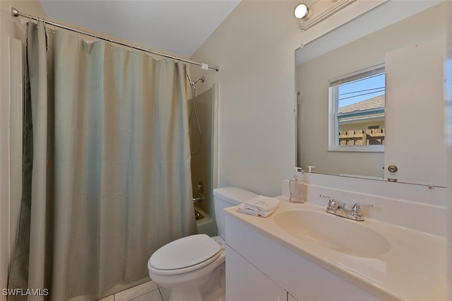 full bathroom with toilet, shower / bathtub combination with curtain, tile patterned floors, vaulted ceiling, and vanity