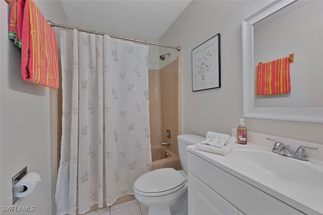 full bathroom with toilet, vanity, tile patterned flooring, and shower / tub combo with curtain