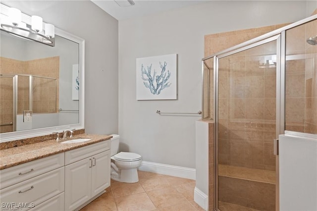 bathroom with tile patterned floors, toilet, an enclosed shower, and vanity