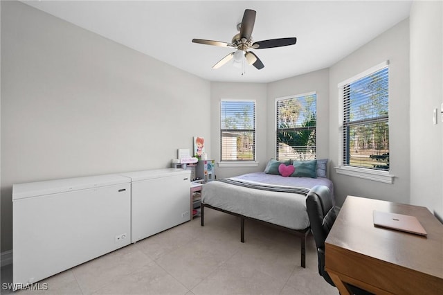 bedroom featuring refrigerator and ceiling fan