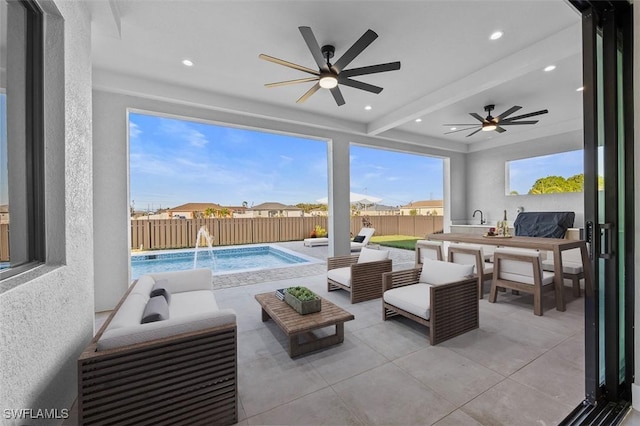 view of patio / terrace featuring an outdoor living space and a fenced in pool