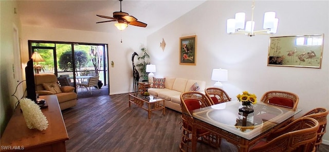 2056 Pine Isle Ln Unit 2056, Naples, FL 34112 - living area with wood finished floors, a chandelier, vaulted ceiling, a ceiling fan, and baseboards