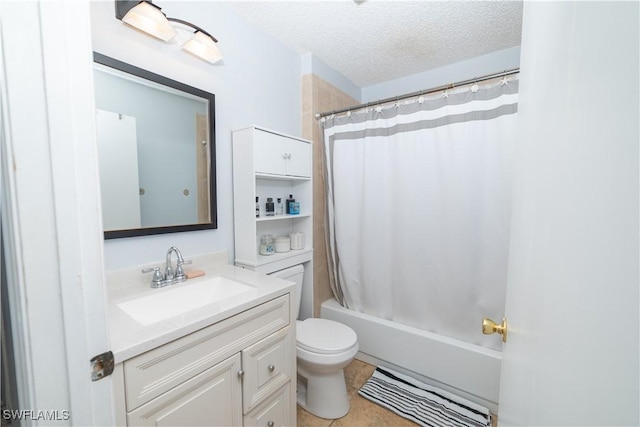 full bathroom featuring tile patterned flooring, a textured ceiling, toilet, vanity, and shower / tub combo