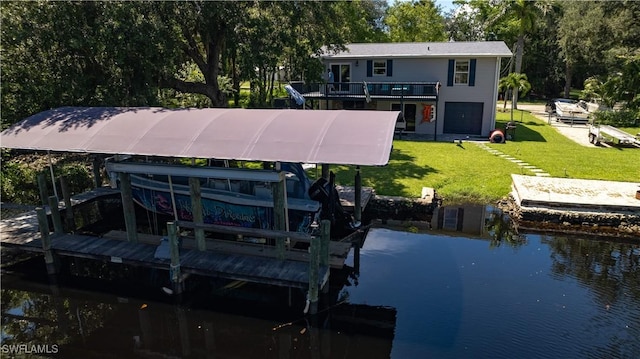 dock area featuring a water view, a balcony, and a lawn