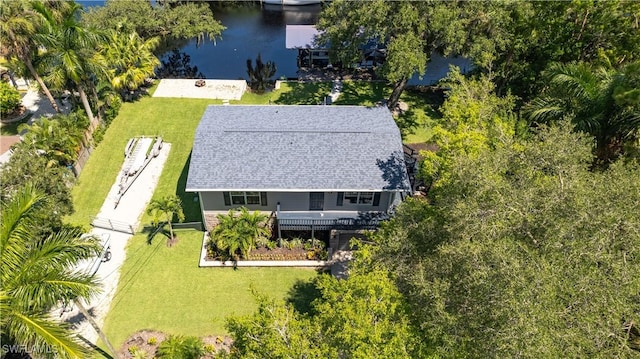 drone / aerial view featuring a water view