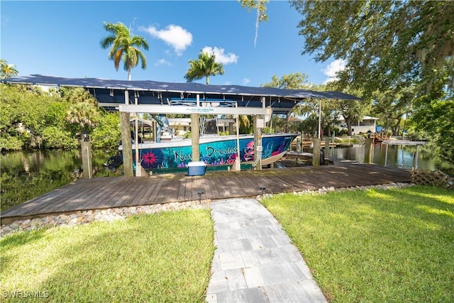 exterior space featuring a lawn and a water view