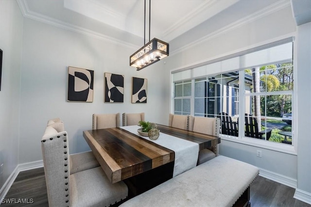 dining area featuring crown molding and dark wood-type flooring