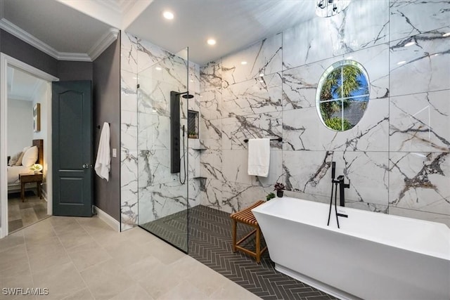 bathroom with tile walls, shower with separate bathtub, and ornamental molding