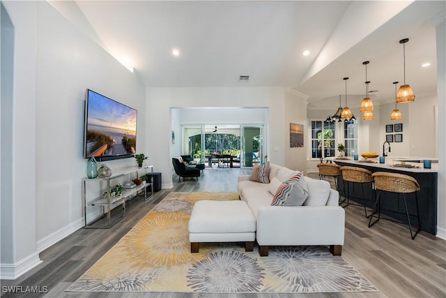 living room featuring hardwood / wood-style flooring and vaulted ceiling