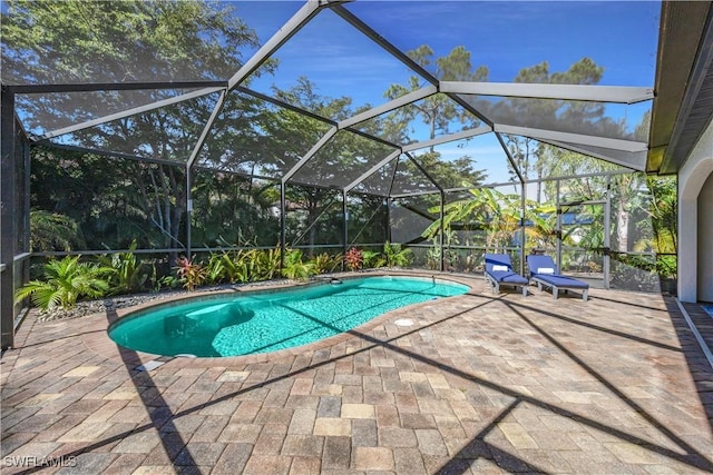 view of swimming pool with a patio area and glass enclosure