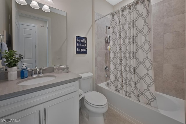 full bathroom with vanity, shower / bath combination with curtain, and toilet