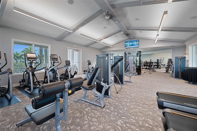 workout area featuring carpet flooring and vaulted ceiling