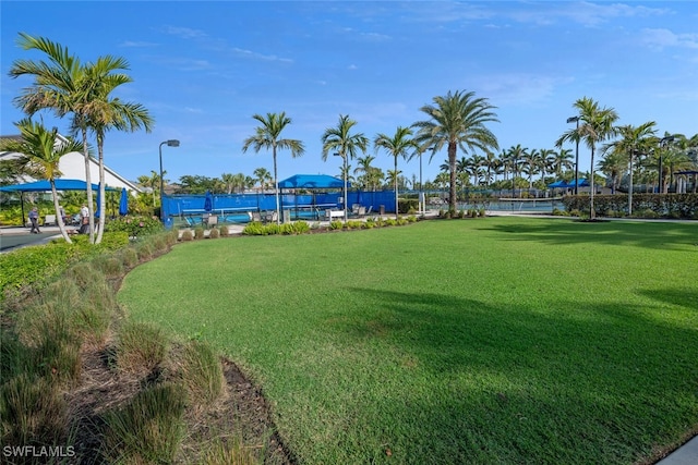 view of home's community with a water view and a lawn