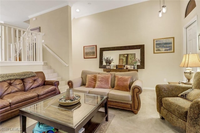 living room featuring light tile patterned floors