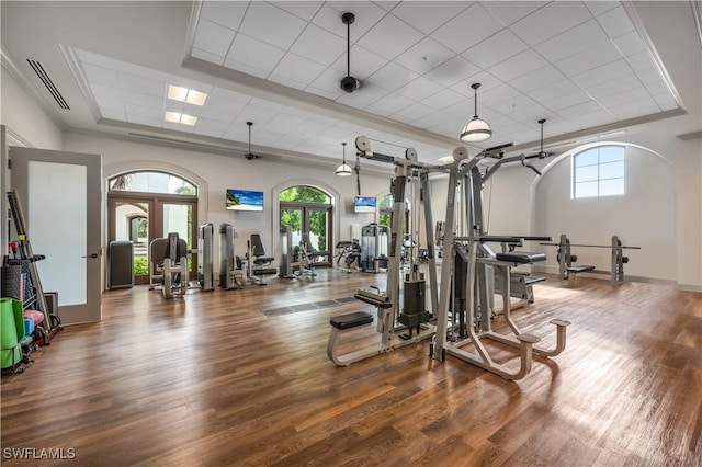 exercise room with dark wood-type flooring, a drop ceiling, and a raised ceiling