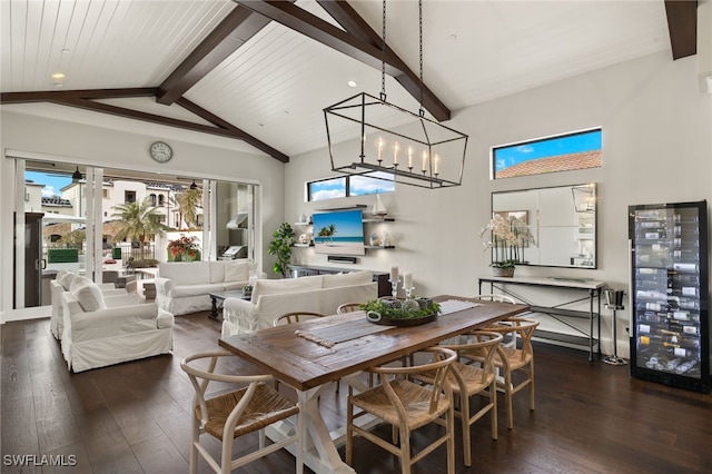 dining area with beamed ceiling, an inviting chandelier, high vaulted ceiling, dark hardwood / wood-style flooring, and beverage cooler