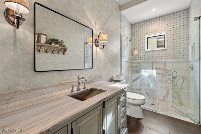 bathroom with an enclosed shower, vanity, and toilet