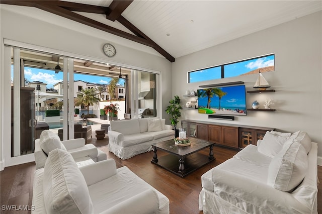 living room with high vaulted ceiling, wooden ceiling, dark hardwood / wood-style floors, and beam ceiling