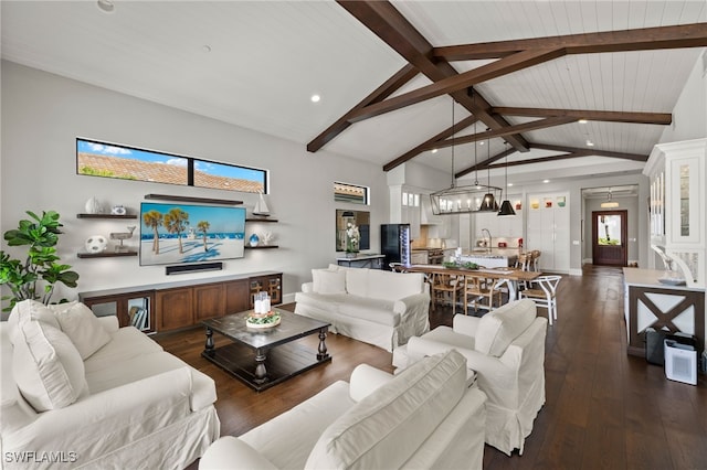 living room with beam ceiling, dark hardwood / wood-style flooring, wood ceiling, and high vaulted ceiling