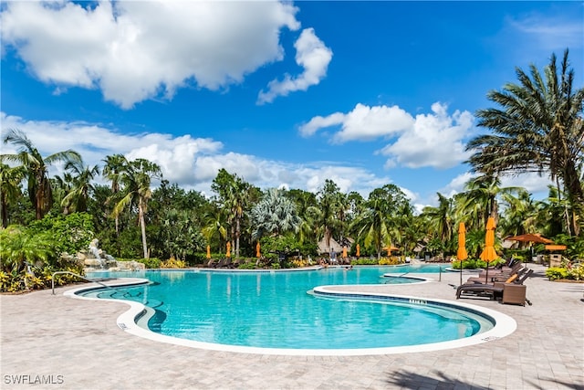 view of swimming pool featuring a patio