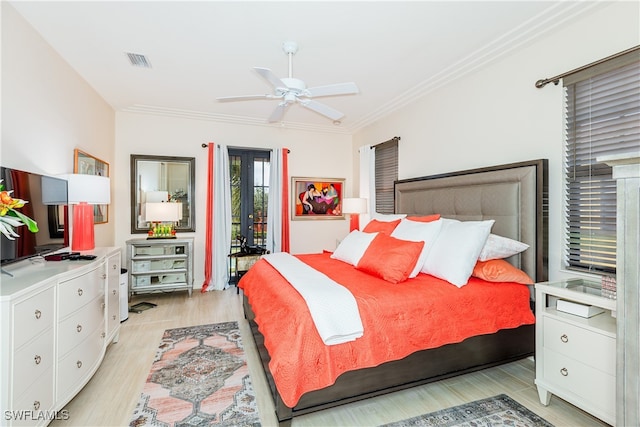 bedroom with ceiling fan, access to exterior, crown molding, and light wood-type flooring