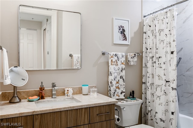 full bathroom featuring toilet, vanity, and shower / bath combination with curtain