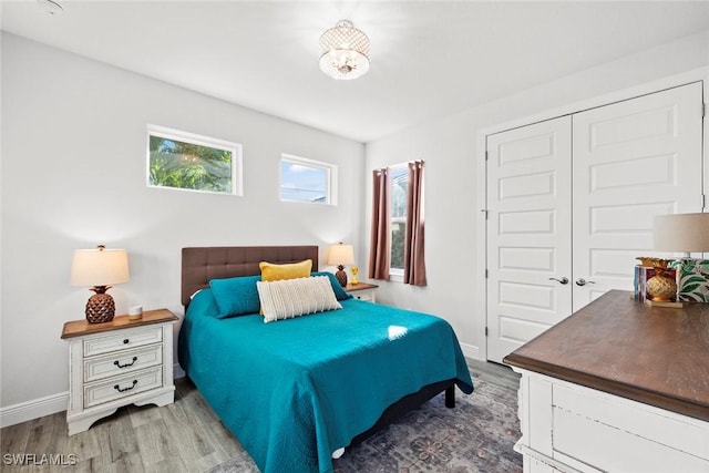 bedroom with hardwood / wood-style floors and a closet