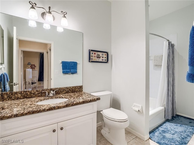 full bathroom featuring tile patterned flooring, shower / bath combination with curtain, vanity, and toilet