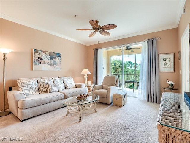 carpeted living room featuring ornamental molding