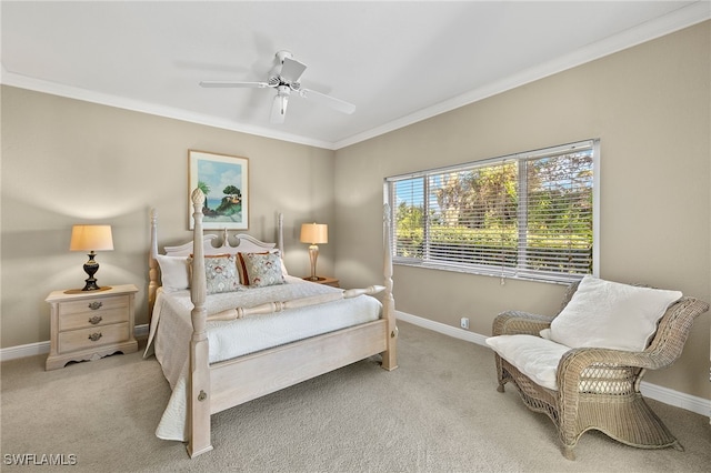 bedroom featuring carpet flooring, ceiling fan, and ornamental molding