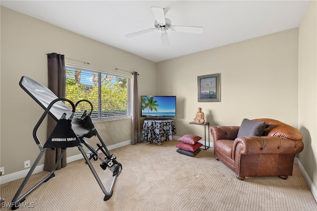 workout area featuring light colored carpet and ceiling fan