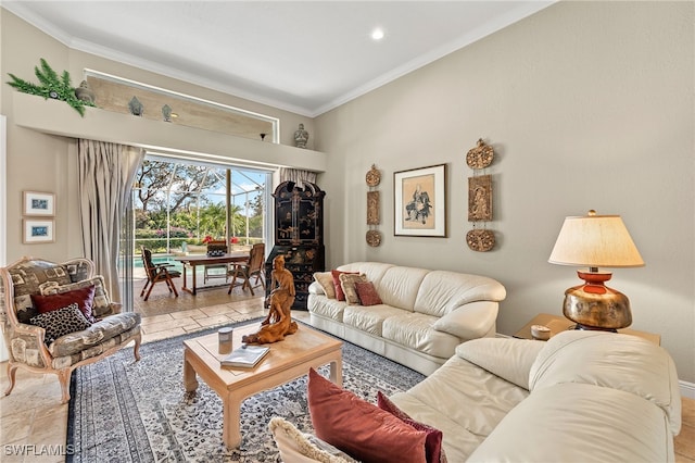 living room featuring crown molding