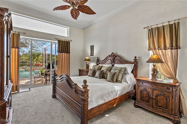 bedroom with access to outside, ceiling fan, light carpet, and ornamental molding