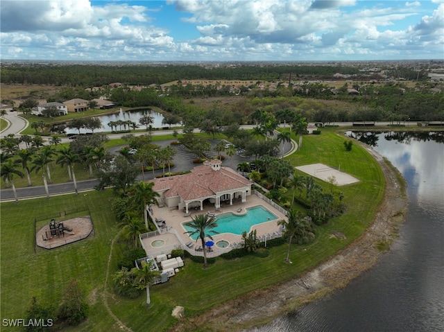 birds eye view of property featuring a water view