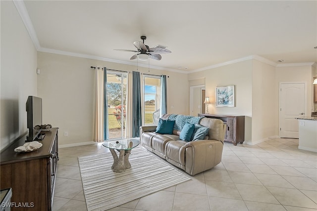 living room with ceiling fan, crown molding, and light tile patterned flooring