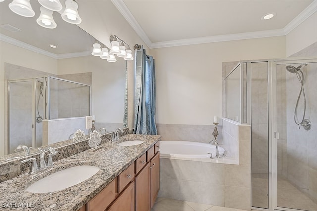 bathroom featuring tile patterned floors, separate shower and tub, vanity, and ornamental molding