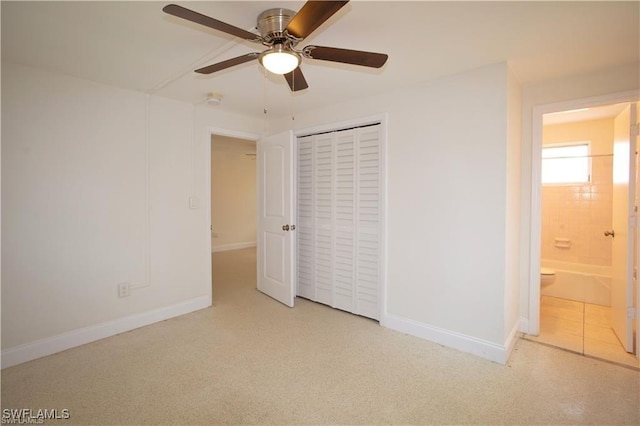 unfurnished bedroom with light carpet, a closet, ensuite bath, and ceiling fan