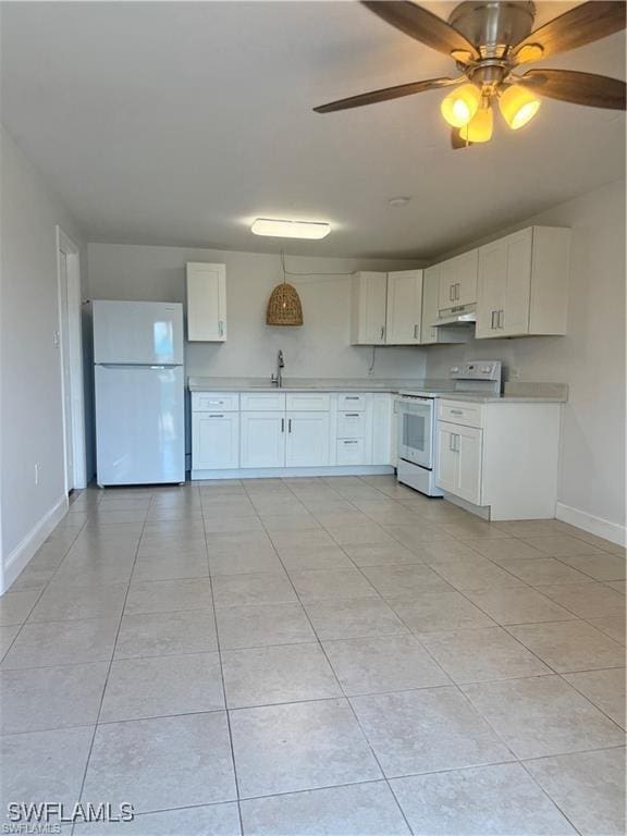 kitchen with ceiling fan, white cabinetry, light tile patterned flooring, and white appliances