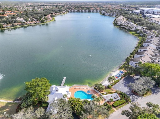 drone / aerial view with a water view