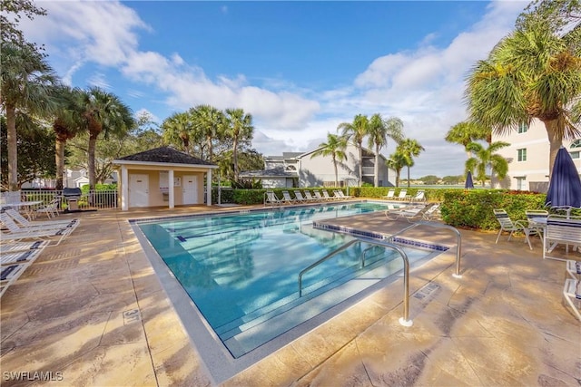 view of swimming pool featuring a patio area