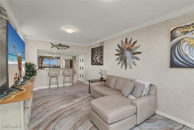 living room with crown molding