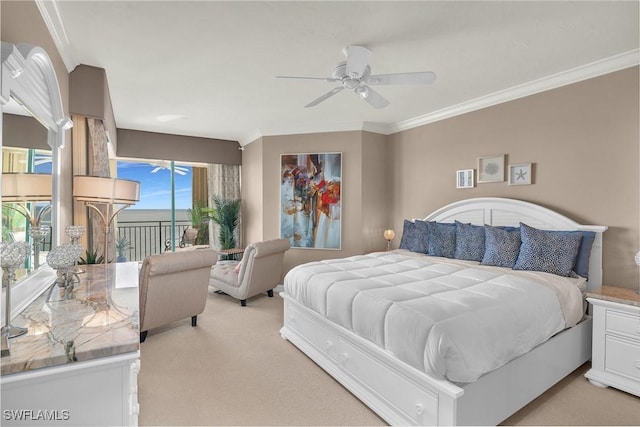 carpeted bedroom with access to outside, ceiling fan, and ornamental molding