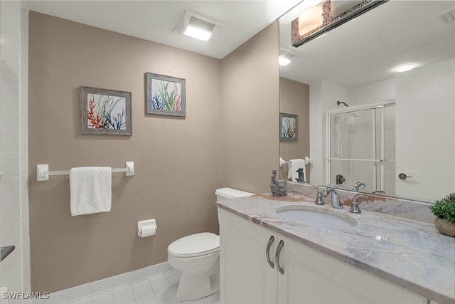 bathroom featuring tile patterned flooring, vanity, toilet, and an enclosed shower