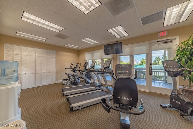 workout area with carpet flooring and a paneled ceiling