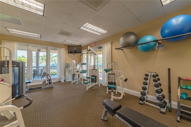 exercise room featuring carpet flooring and a drop ceiling