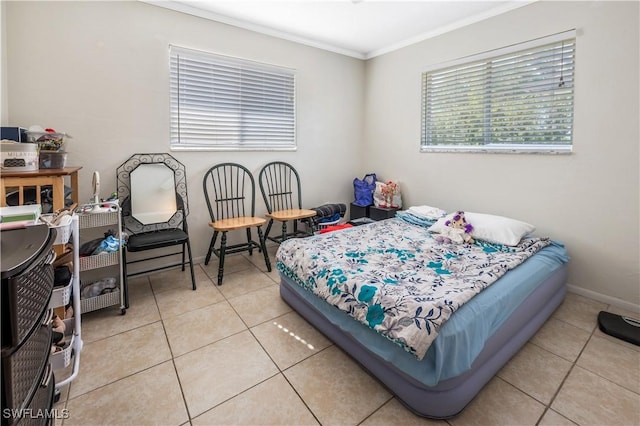 tiled bedroom with crown molding