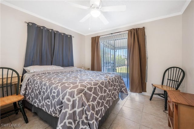 tiled bedroom with ceiling fan, crown molding, and access to outside