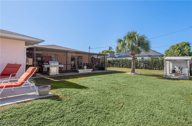 view of yard with a patio area and a storage unit