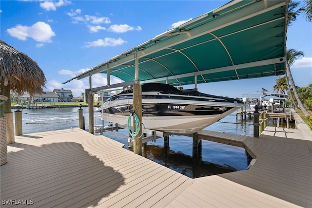 view of dock with a water view