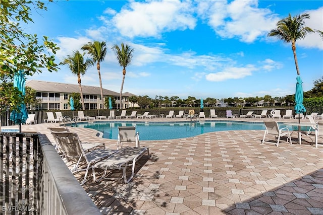 view of swimming pool featuring a patio